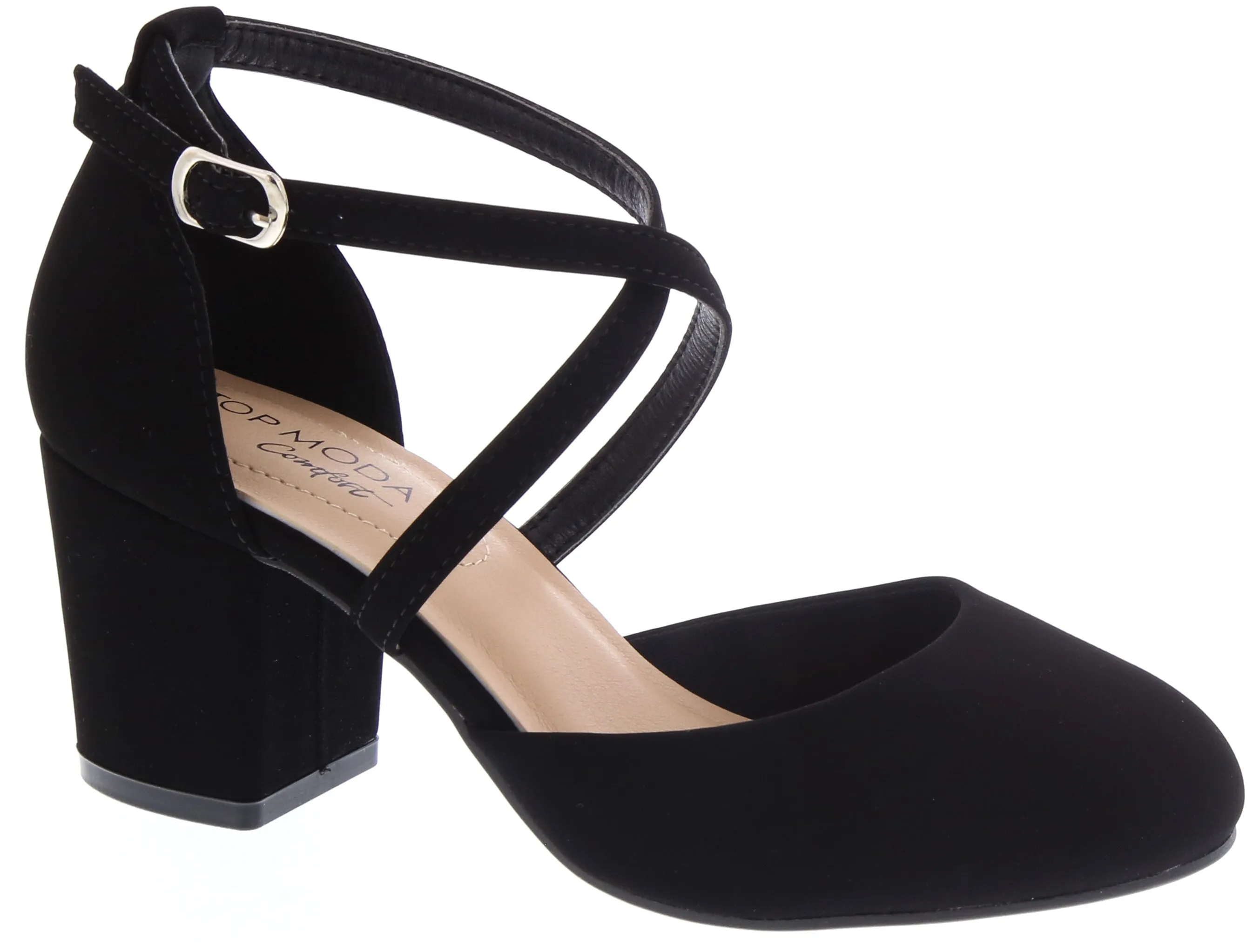 Cross Strap Low Heel Pump (BLACK) Comfortable Wear