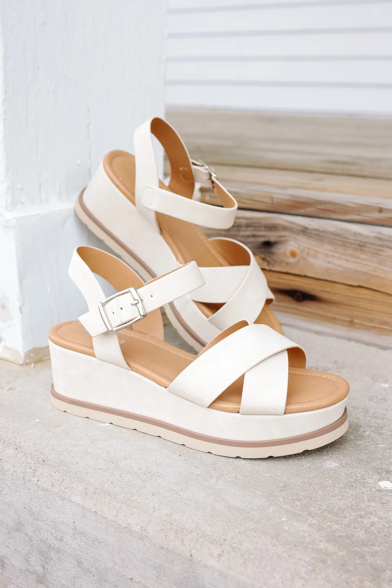 Cross-Strap Platform Sandal: Beige