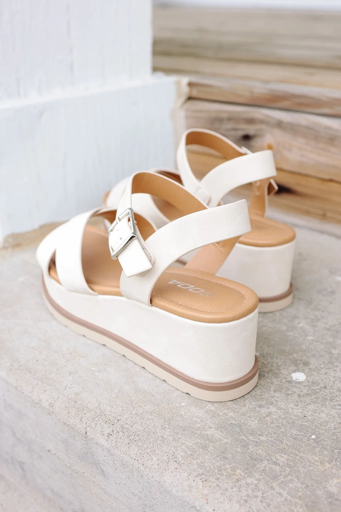 Cross-Strap Platform Sandal: Beige