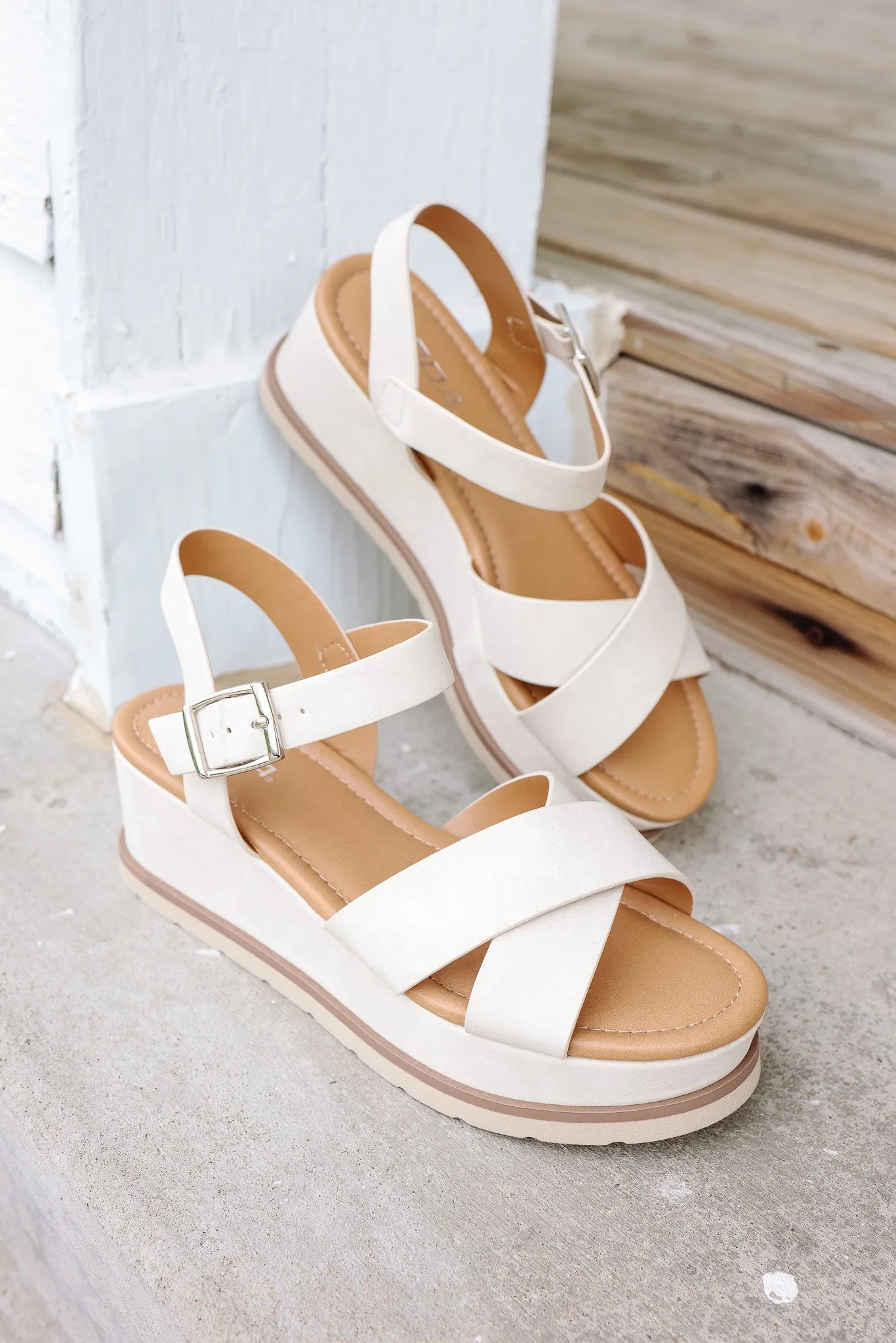 Cross-Strap Platform Sandal: Beige