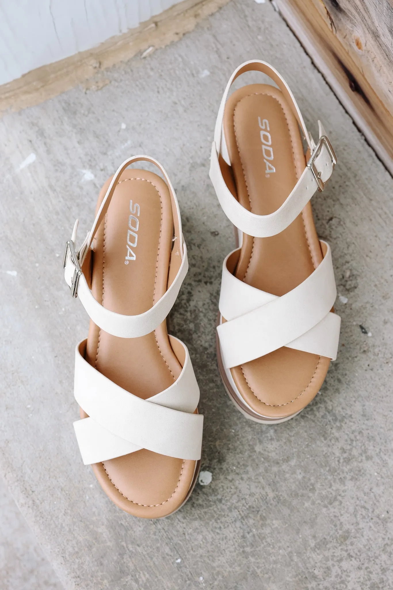 Cross-Strap Platform Sandal: Beige