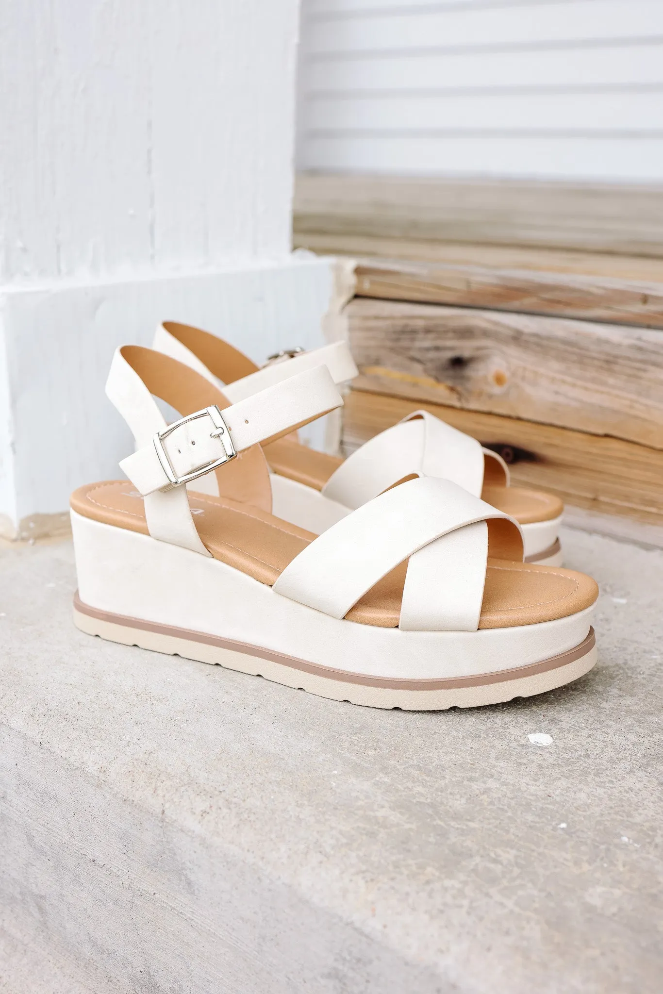 Cross-Strap Platform Sandal: Beige