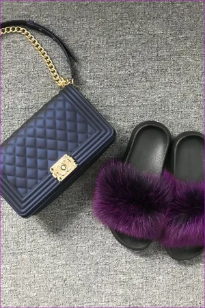 Dark Blue Jelly Shoulder Bag And Slides Set