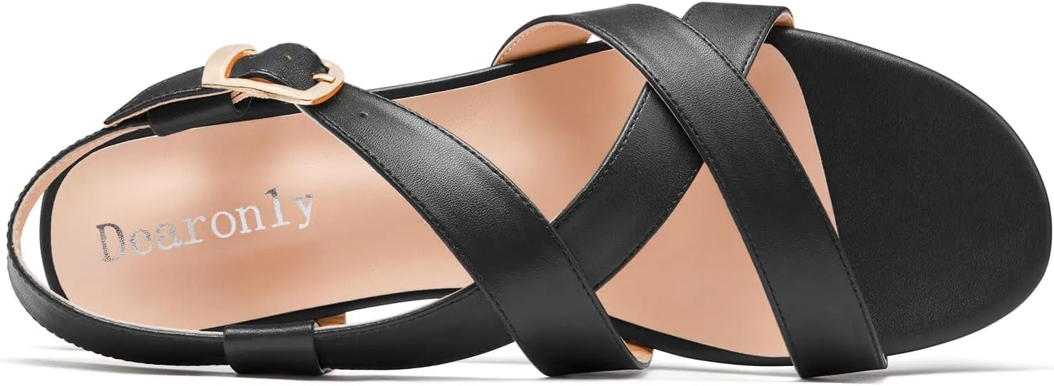 DearOnly Womens Open Round Toe Cross-Strap Sandals Dress Buckle Casual Summer Gladiator Shoes 0.4 Inches Heels