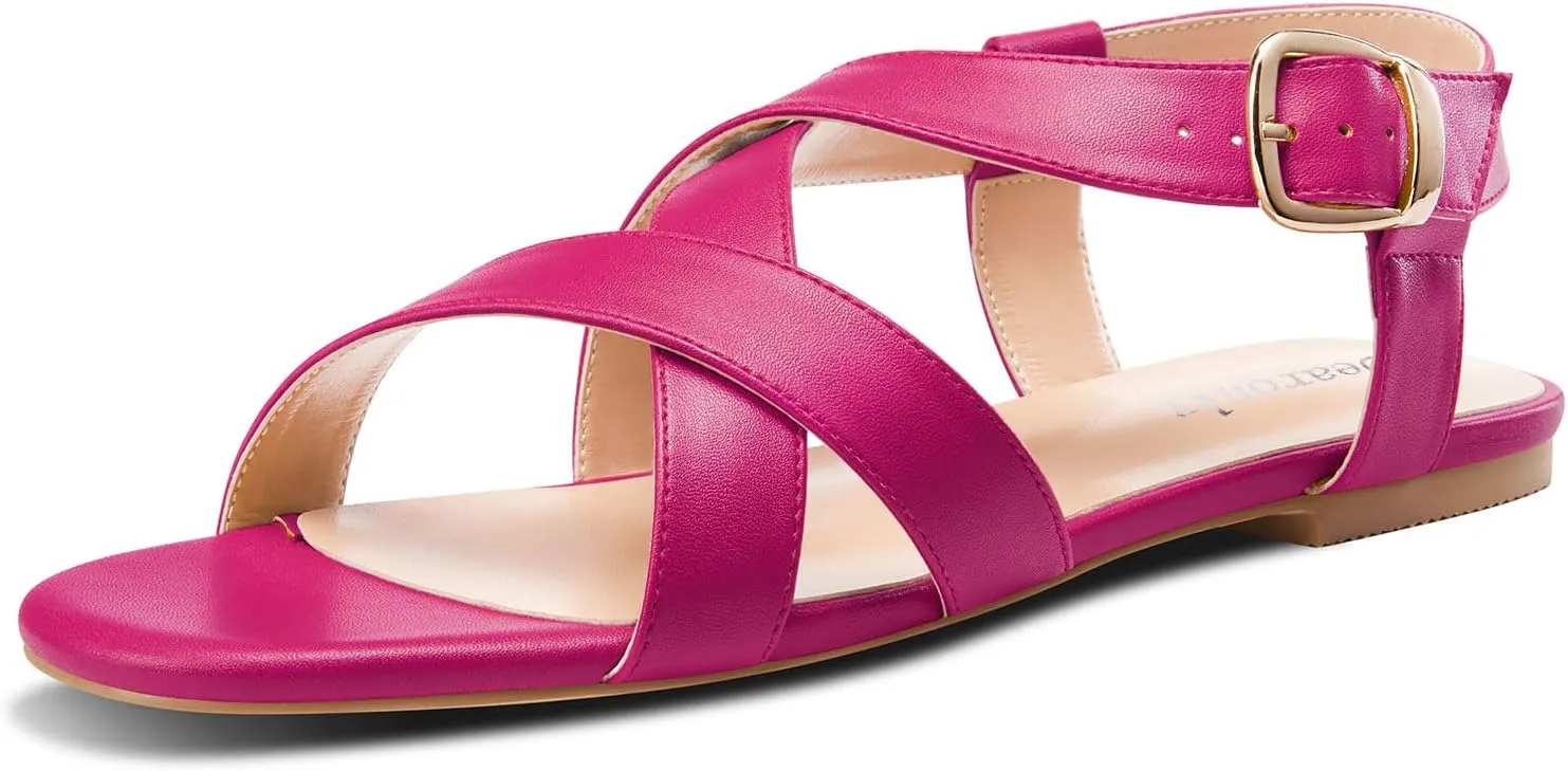 DearOnly Womens Open Round Toe Cross-Strap Sandals Dress Buckle Casual Summer Gladiator Shoes 0.4 Inches Heels