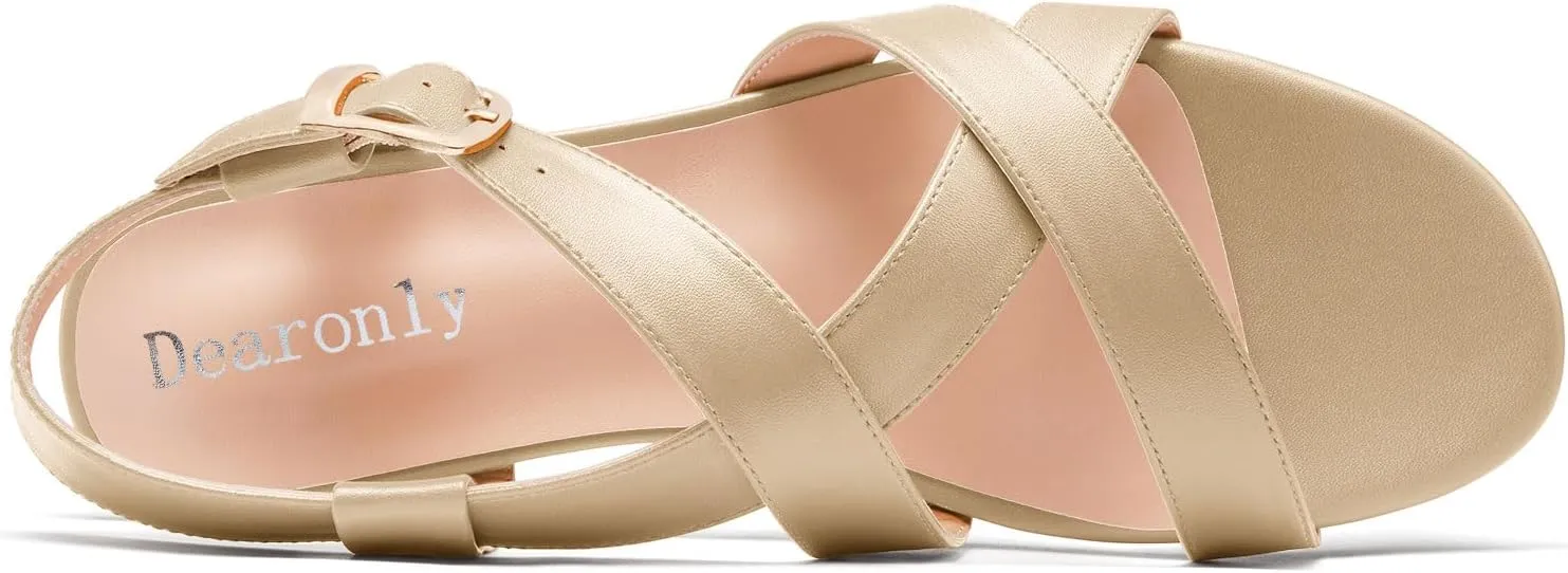 DearOnly Womens Open Round Toe Cross-Strap Sandals Dress Buckle Casual Summer Gladiator Shoes 0.4 Inches Heels