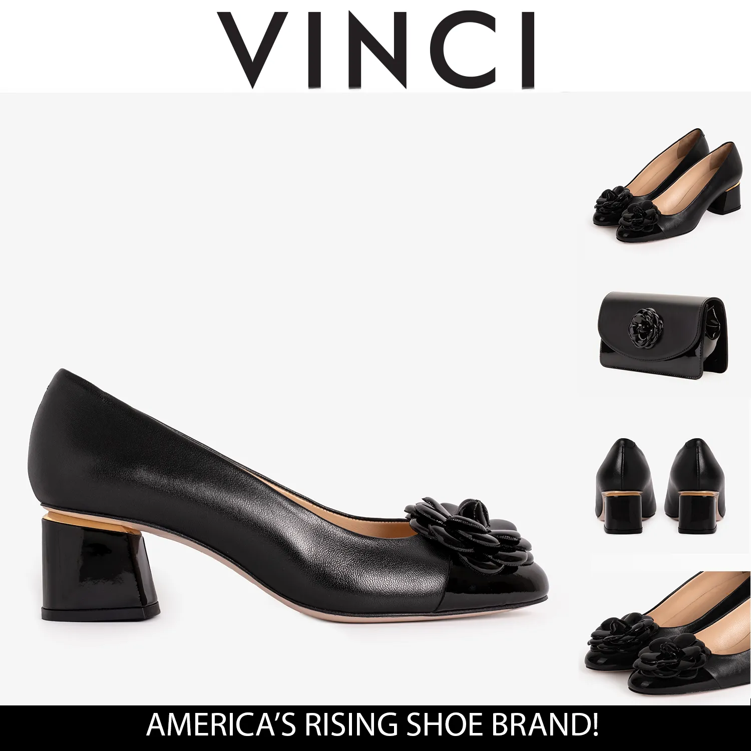 Airport Look Resort Glam The Diva Black Leather Cap Toe Block Heel Pump Women Shoe