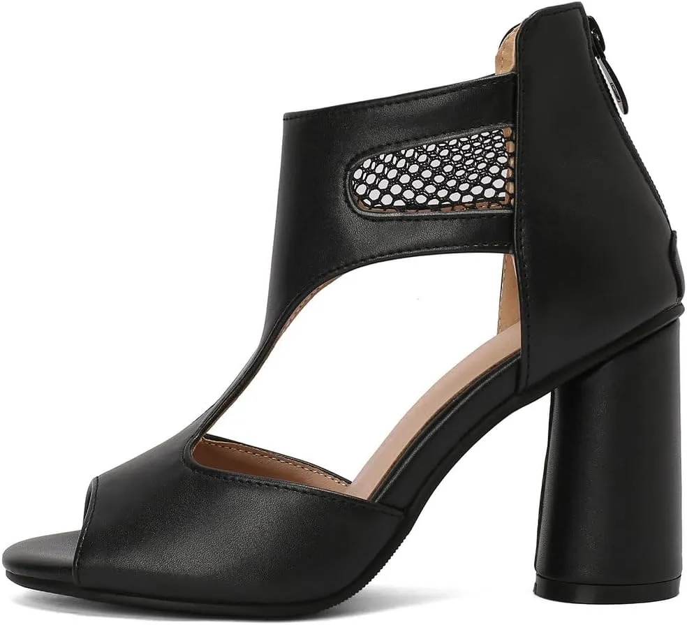 DINTAHA Open Toe Booties Caged Peep Toe Heeled Sandals Chunky Heel Cutout Summer Ankle Boots