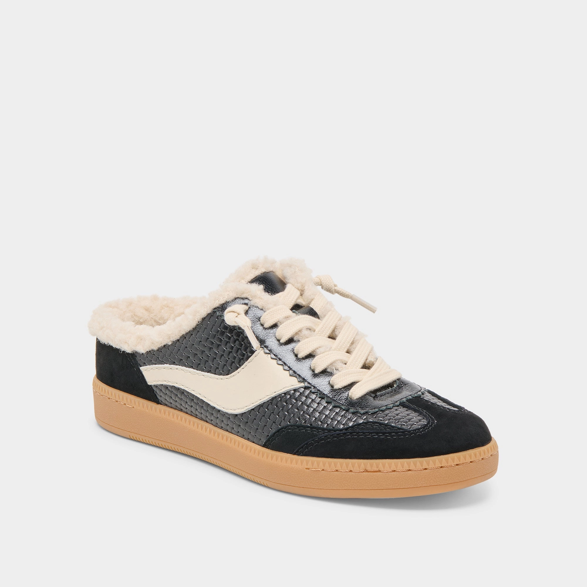 skiers' grip NOTICE SLIDE PLUSH SNEAKERS BLACK WOVEN LEATHER