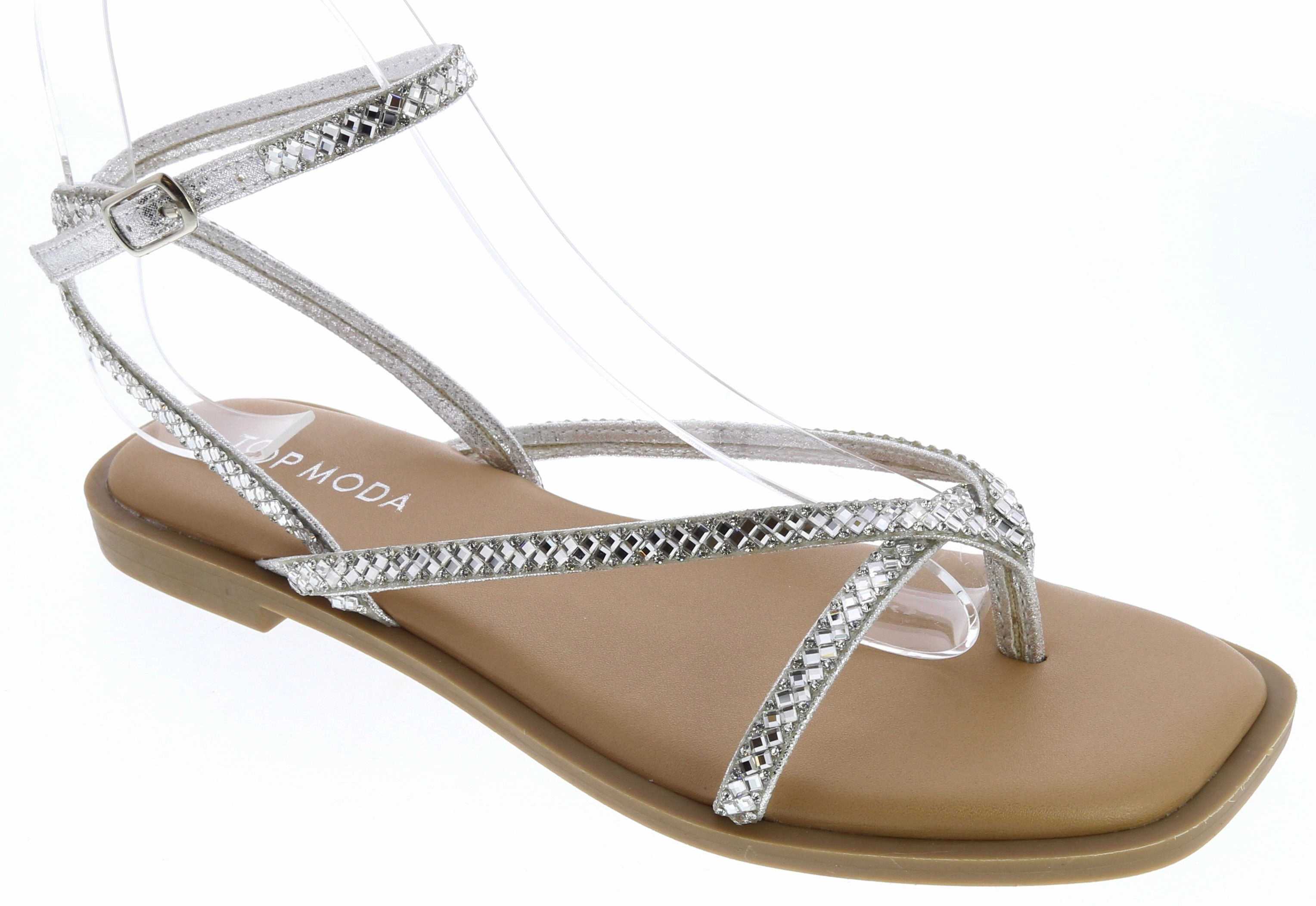Retro-inspired cushioning Non Marking Tread Gemstone Strappy Gladiator Sandal (SILVER GLITTER)