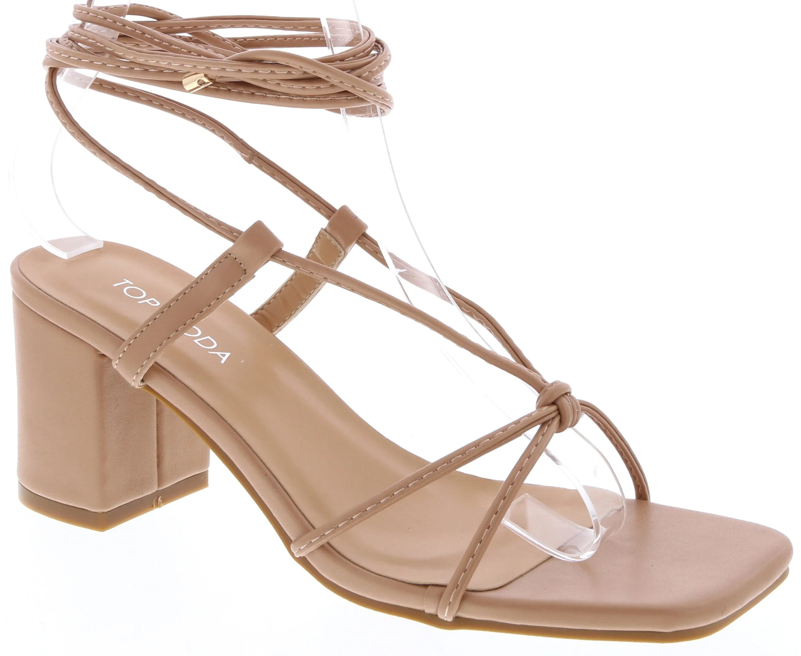 Classy Footwear Knotted Tie Up Low Heel Sandal (CAMEL)