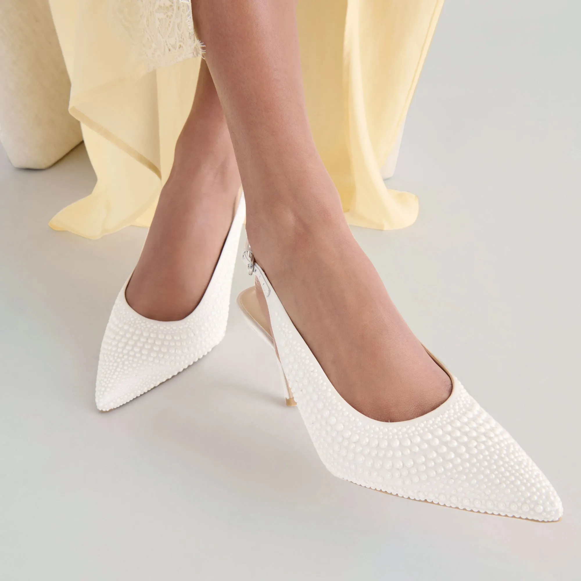 Wide Step Final Touch ELASI PEARL HEELS TRUE WHITE SATIN
