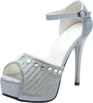 Elbslutt Women's Peep Toe High Heels Platform Sandals Glitter Rhinestone Stiletto Ankle Strap Pumps