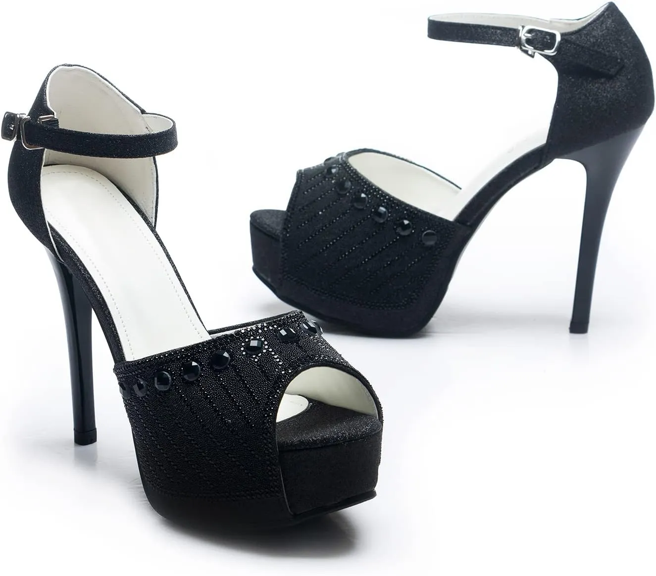 Elbslutt Women's Peep Toe High Heels Platform Sandals Glitter Rhinestone Stiletto Ankle Strap Pumps