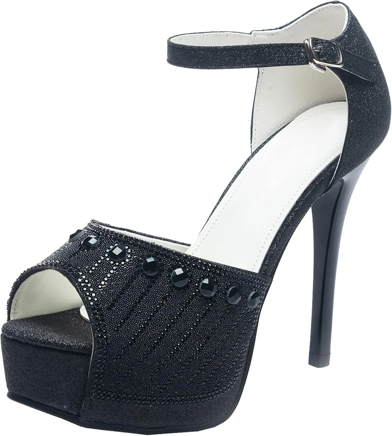 Elbslutt Women's Peep Toe High Heels Platform Sandals Glitter Rhinestone Stiletto Ankle Strap Pumps