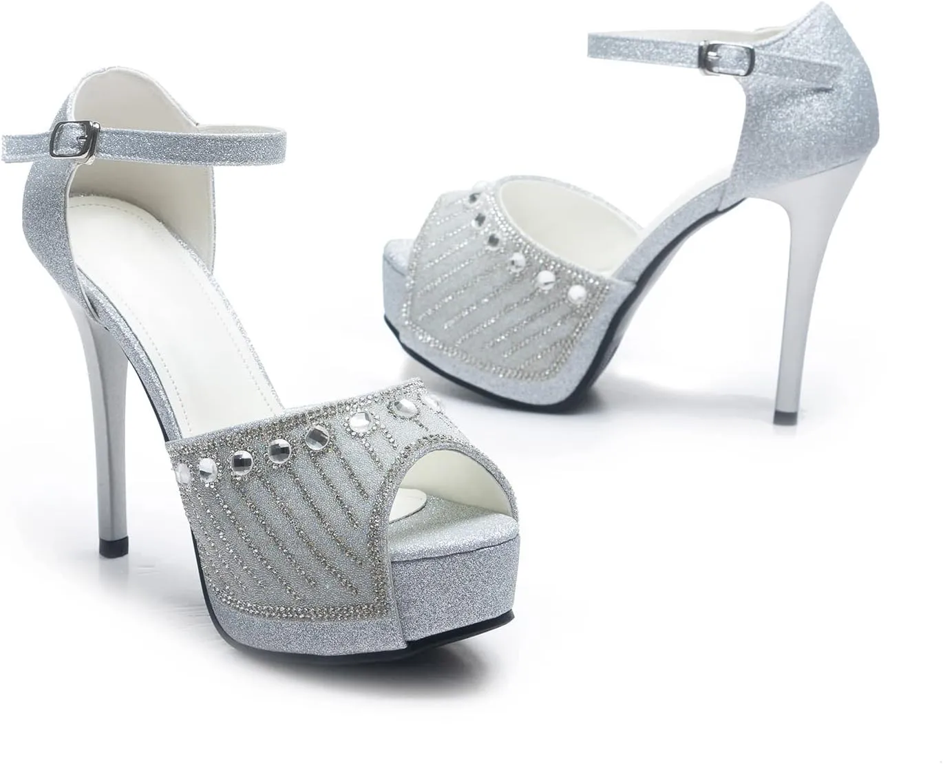 Elbslutt Women's Peep Toe High Heels Platform Sandals Glitter Rhinestone Stiletto Ankle Strap Pumps