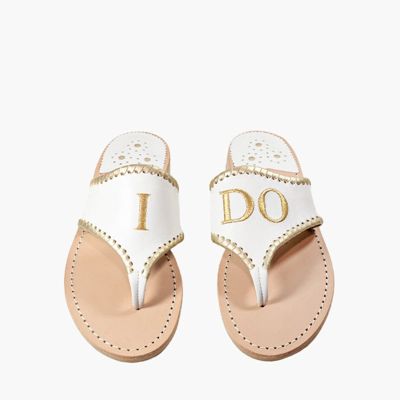 Travel Glam Jacks Embroidered "I DO" Leather Flat Sandal