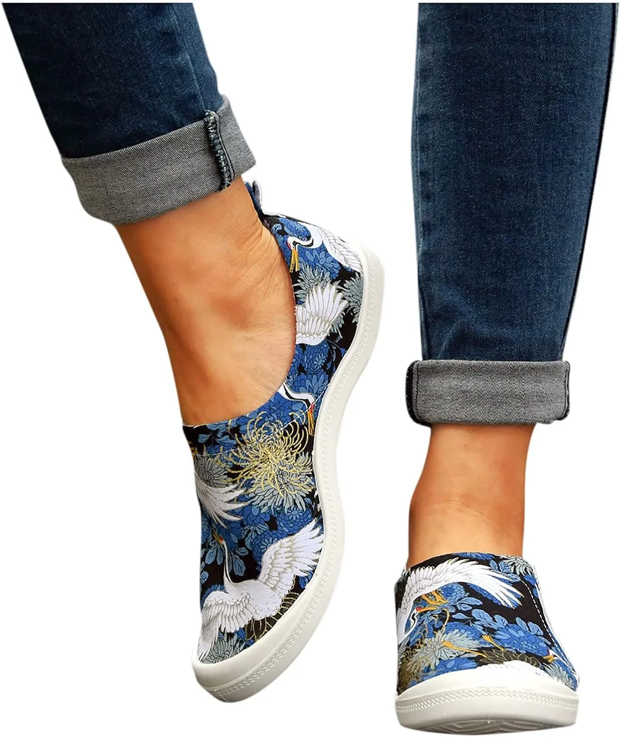 Embroidered Canvas Shoes for Women, Women's Fashion Canvas Slip On Sneakers Low Tops Slip On Casual Shoes for Walking