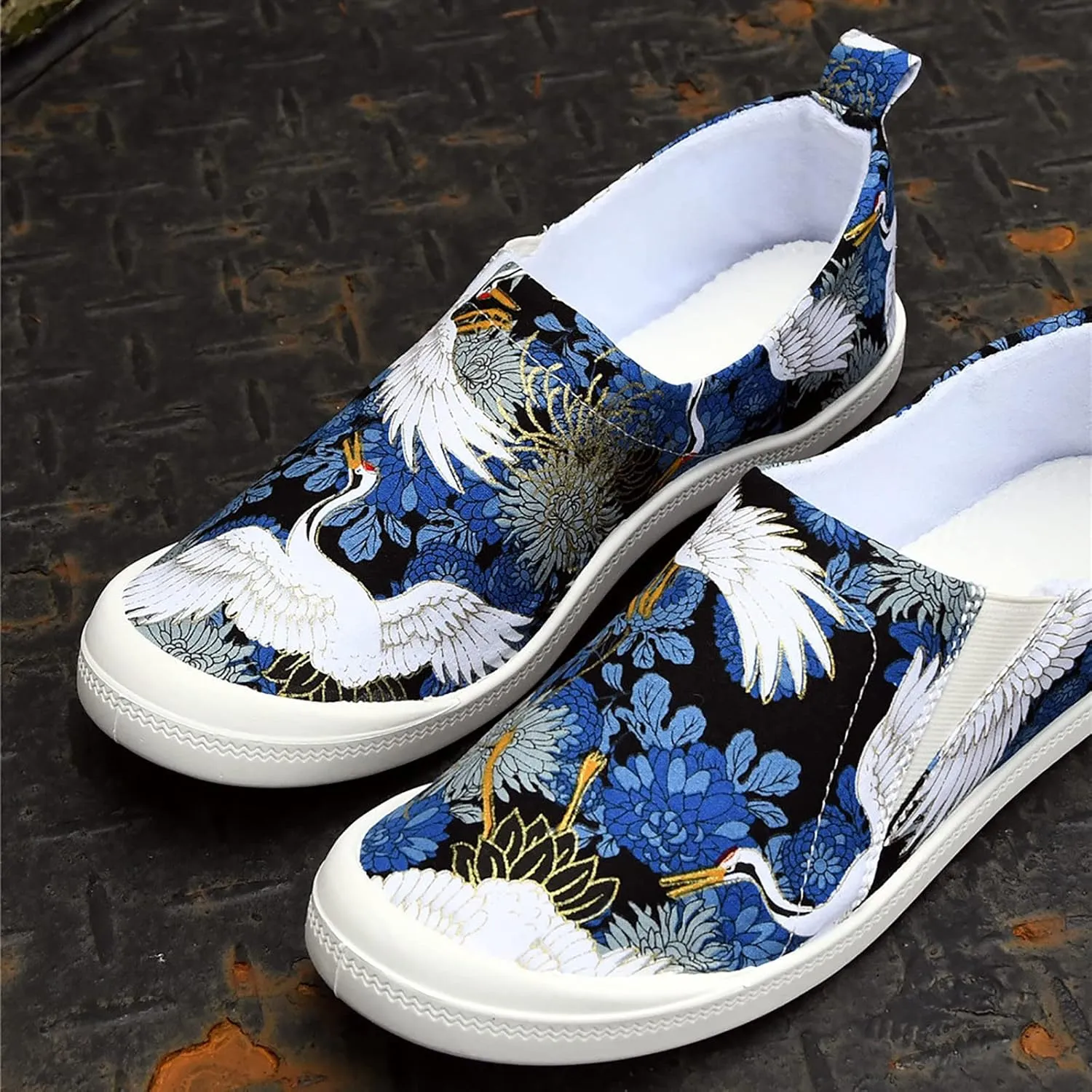 Embroidered Canvas Shoes for Women, Women's Fashion Canvas Slip On Sneakers Low Tops Slip On Casual Shoes for Walking