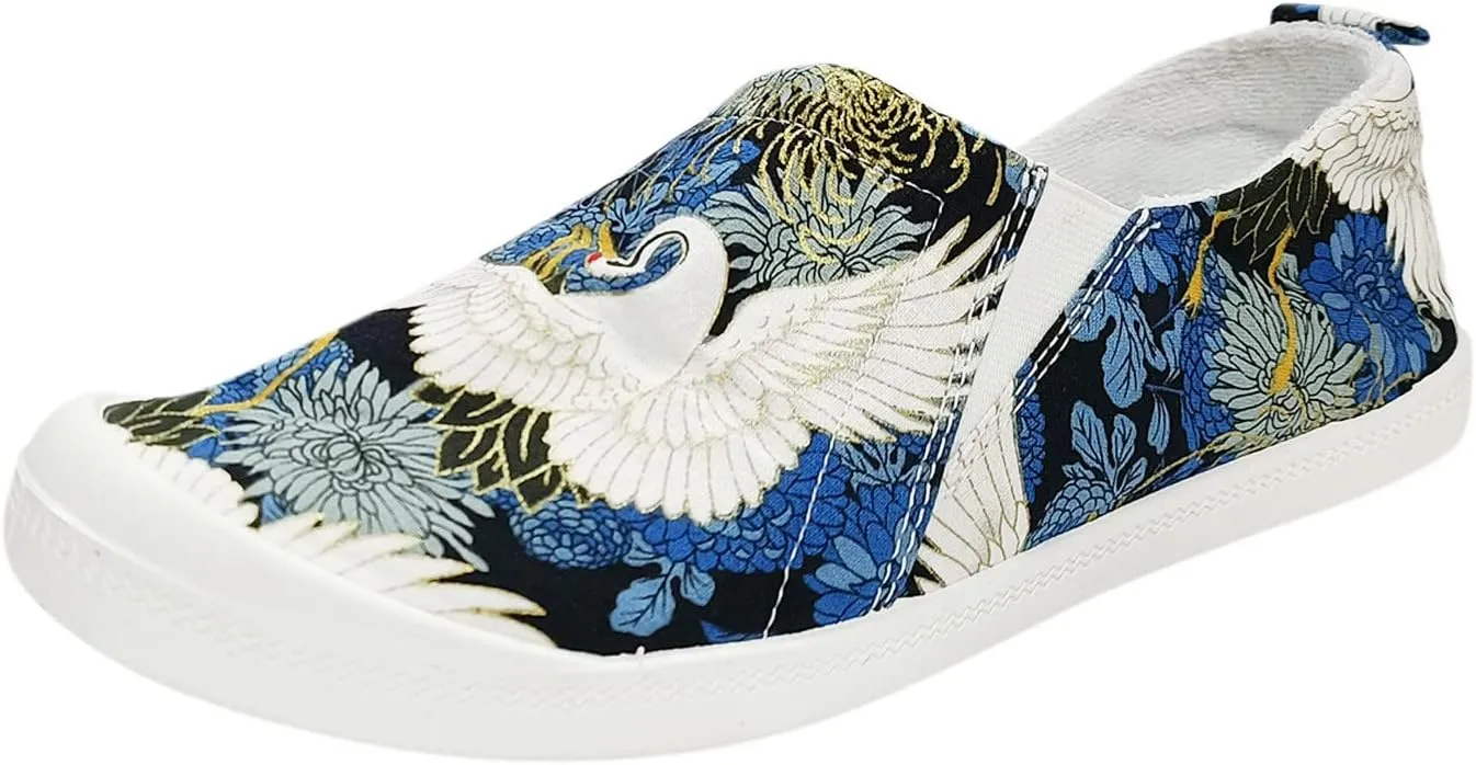 Embroidered Canvas Shoes for Women, Women's Fashion Canvas Slip On Sneakers Low Tops Slip On Casual Shoes for Walking