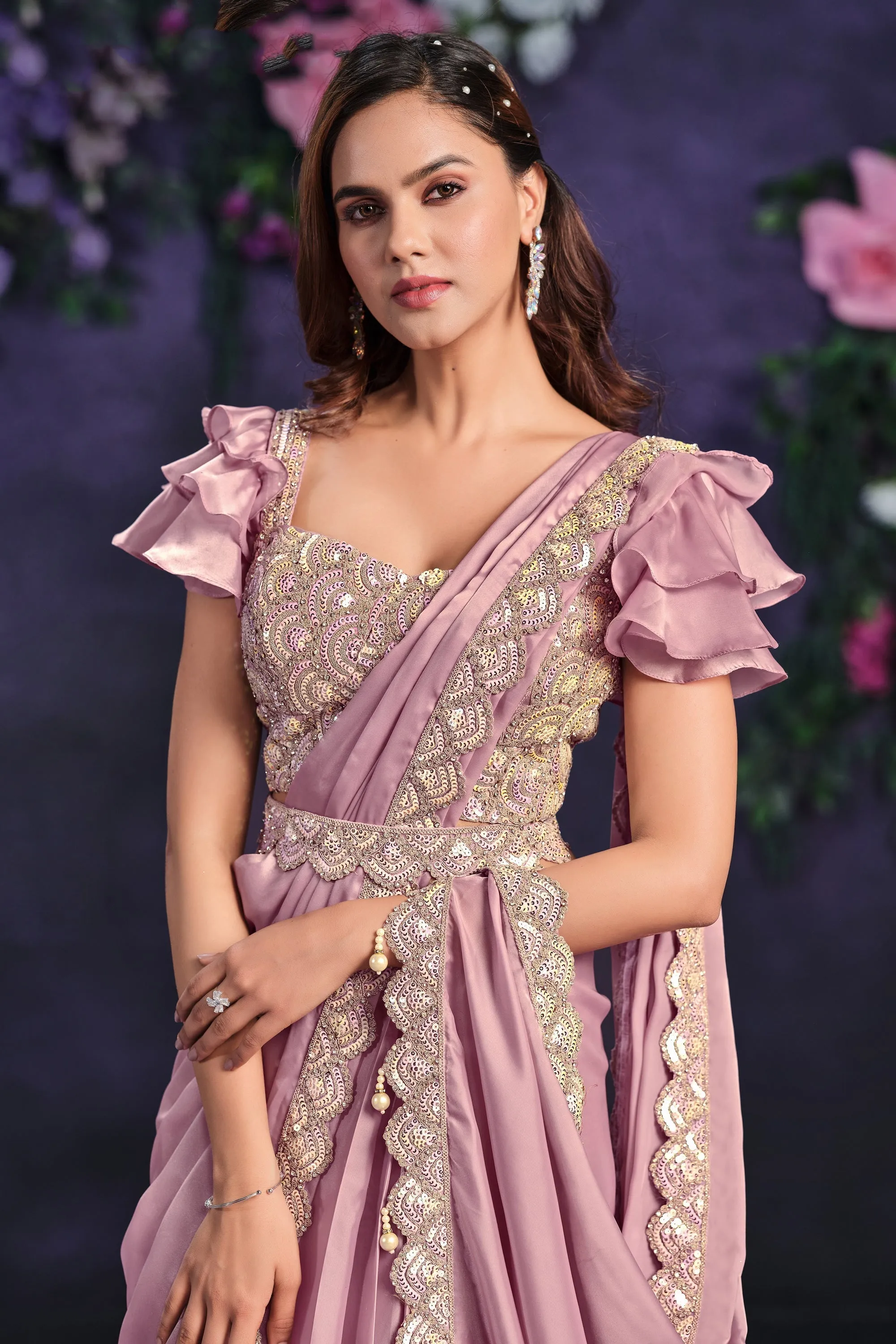 Excellent Satin Silk Fabric Pink Color Ready To Wear Saree With Border Work