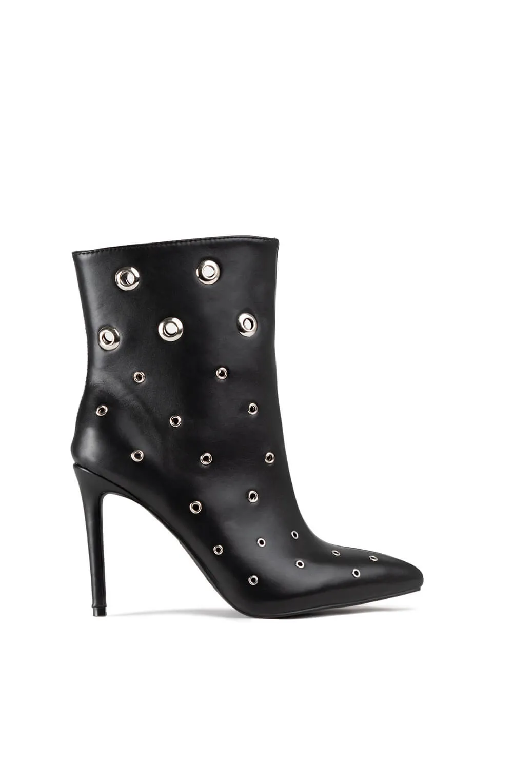 Eyelet-Embellished Pointed Toe Ankle Boots