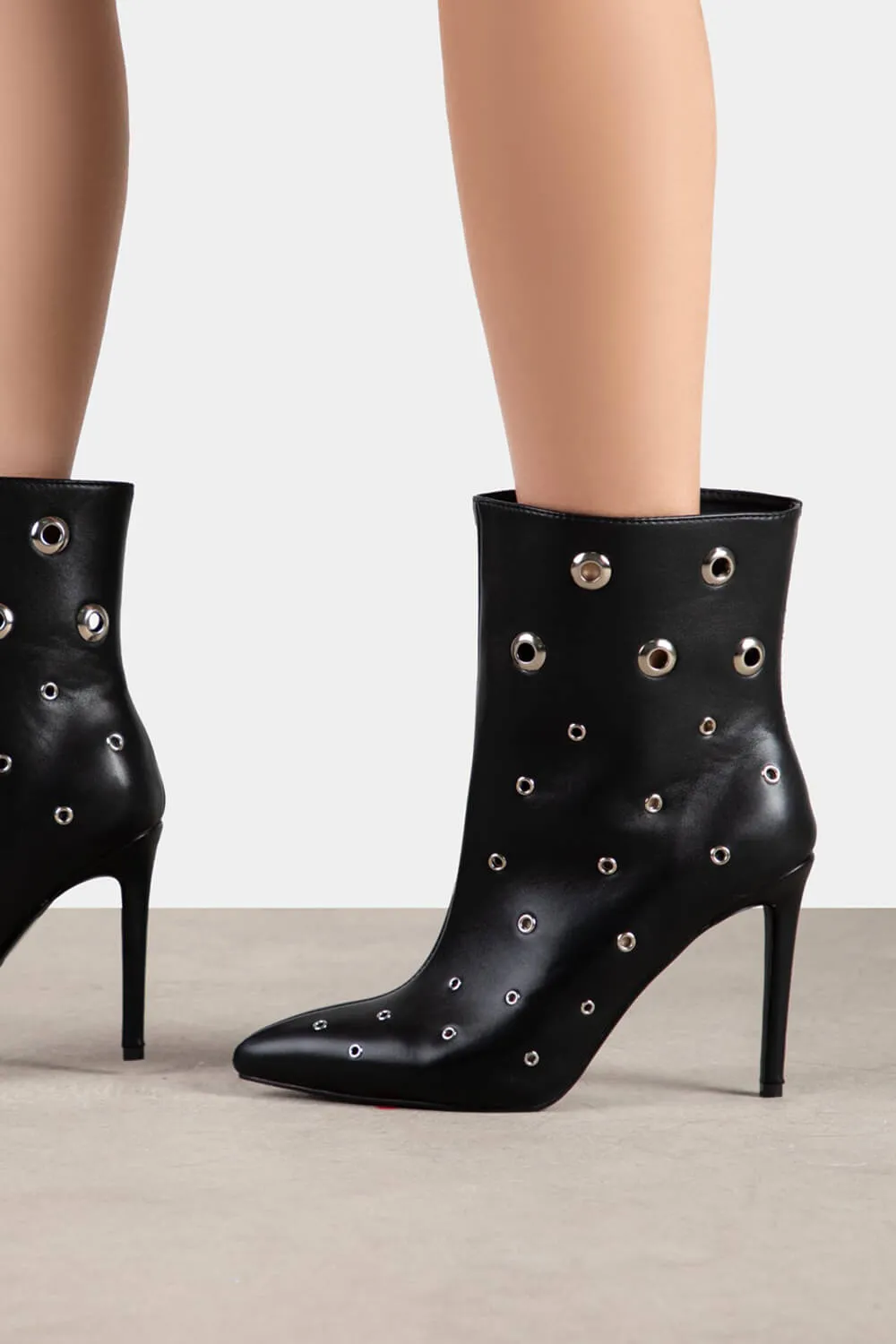 Eyelet-Embellished Pointed Toe Ankle Boots