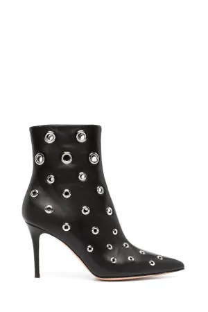 Eyelet-Embellished Pointed Toe Ankle Boots