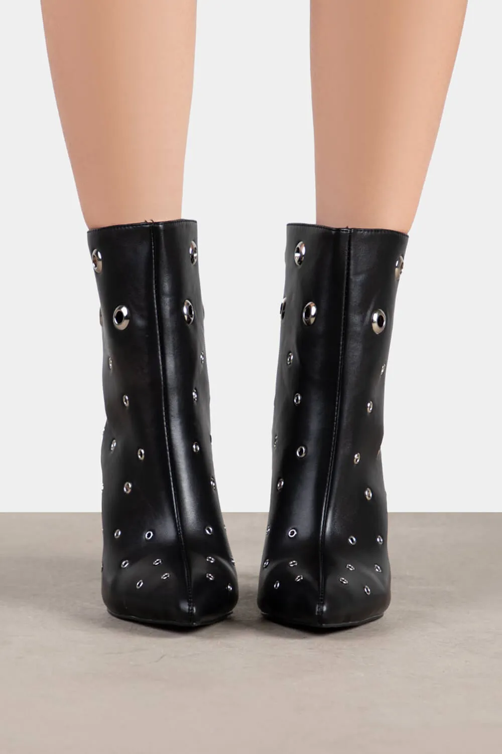 Eyelet-Embellished Pointed Toe Ankle Boots