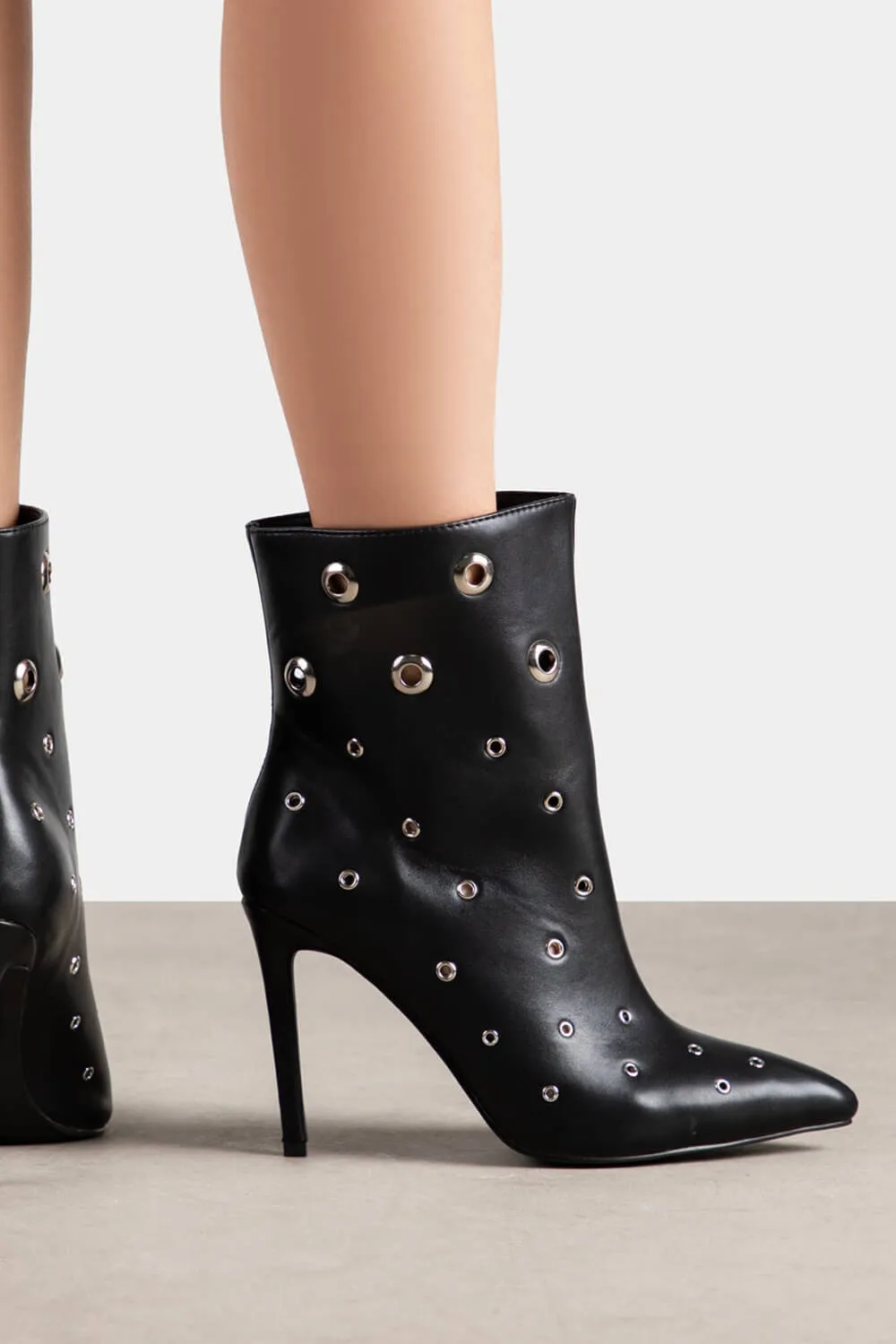 Eyelet-Embellished Pointed Toe Ankle Boots