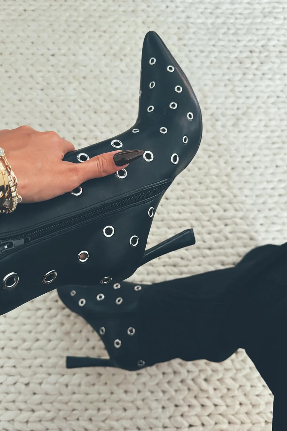 Eyelet-Embellished Pointed Toe Ankle Boots