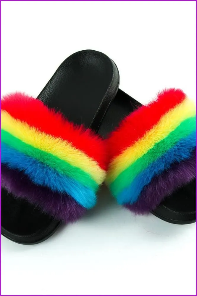 Faux Fake Rainbow Color Fur Slides F153