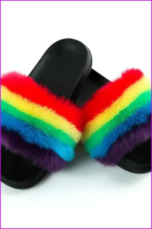 Faux Fake Rainbow Color Fur Slides F153