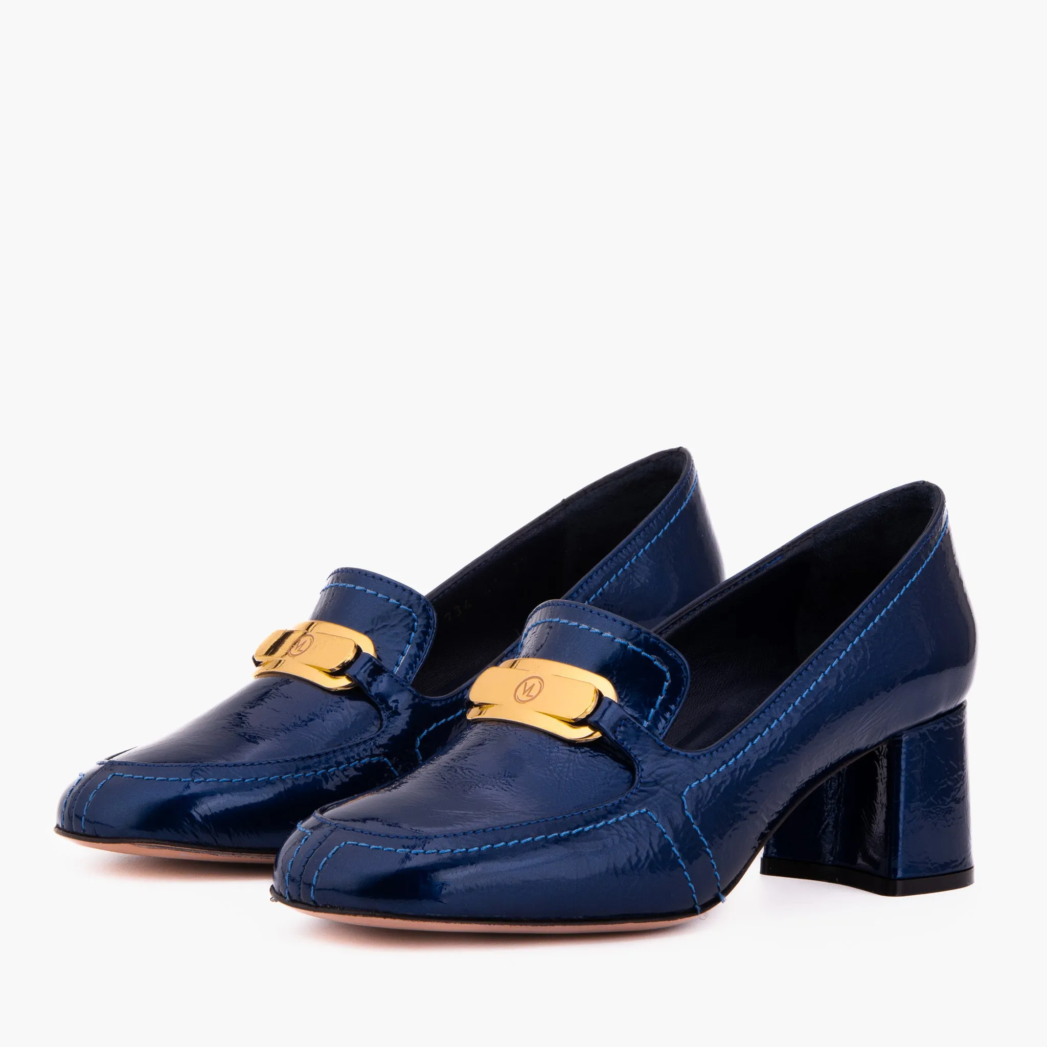 The Victoria Navy Blue Leather Block Heel Pump Women Shoe Sophisticated Footwear Statement style