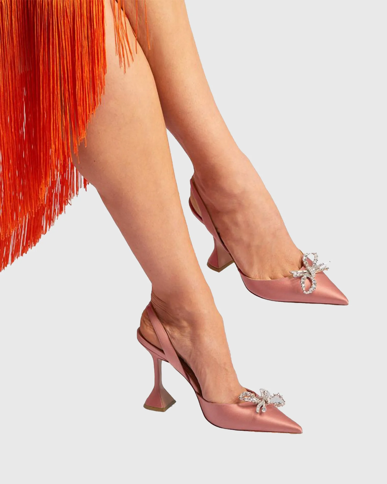 Fedora Crystal Bow Satin Slingback Flared Heels In Pink Champagne