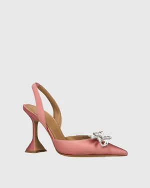Fedora Crystal Bow Satin Slingback Flared Heels In Pink Champagne