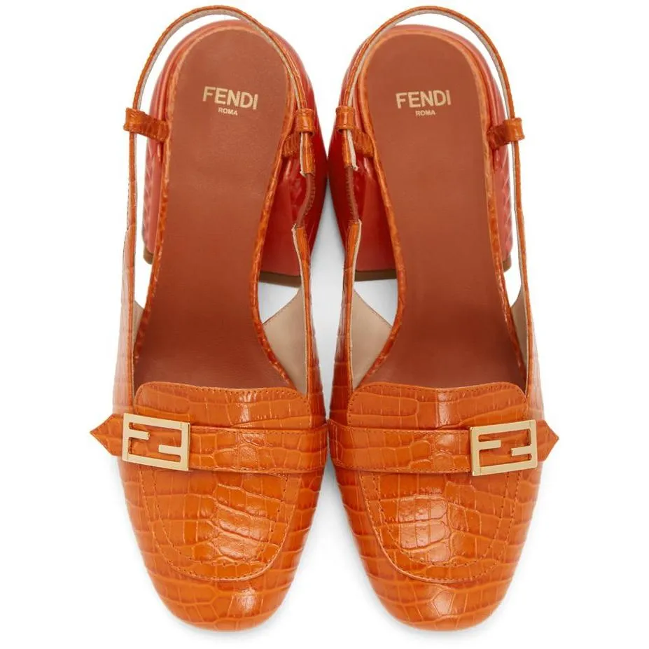 Fendi Orange Croc Slingback Heels