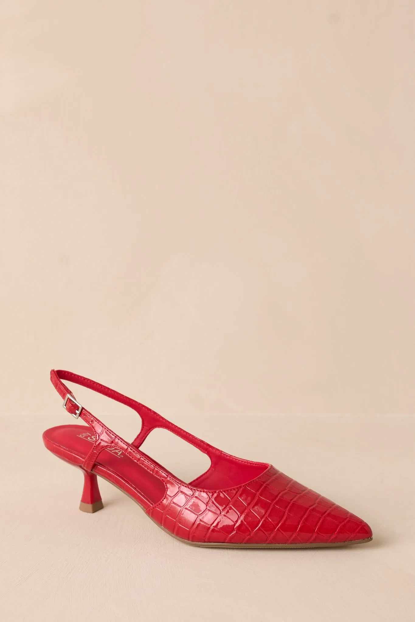 Fiercely Stunned Scarlet Red Crocodile Slingback Kitten Heels