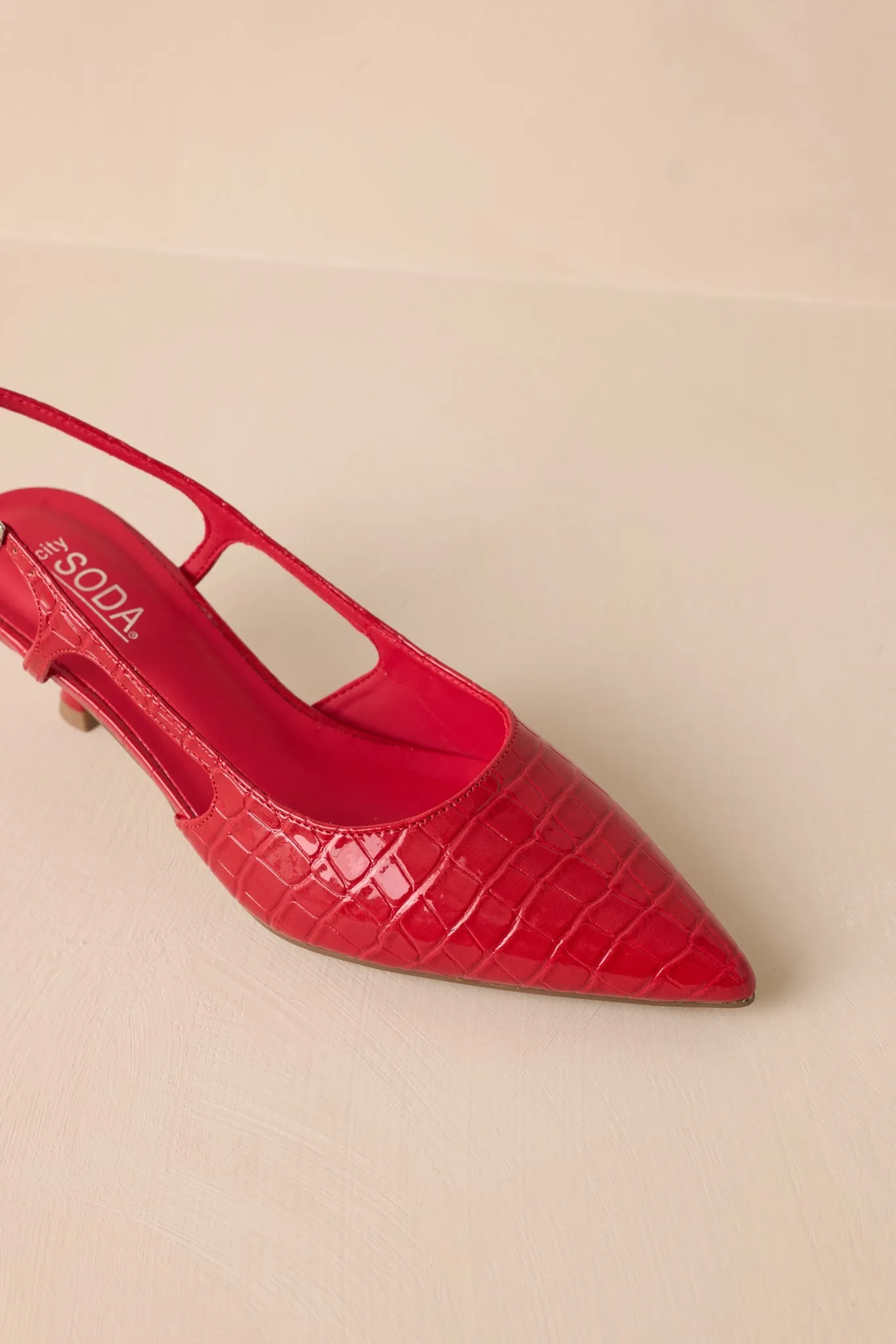 Fiercely Stunned Scarlet Red Crocodile Slingback Kitten Heels