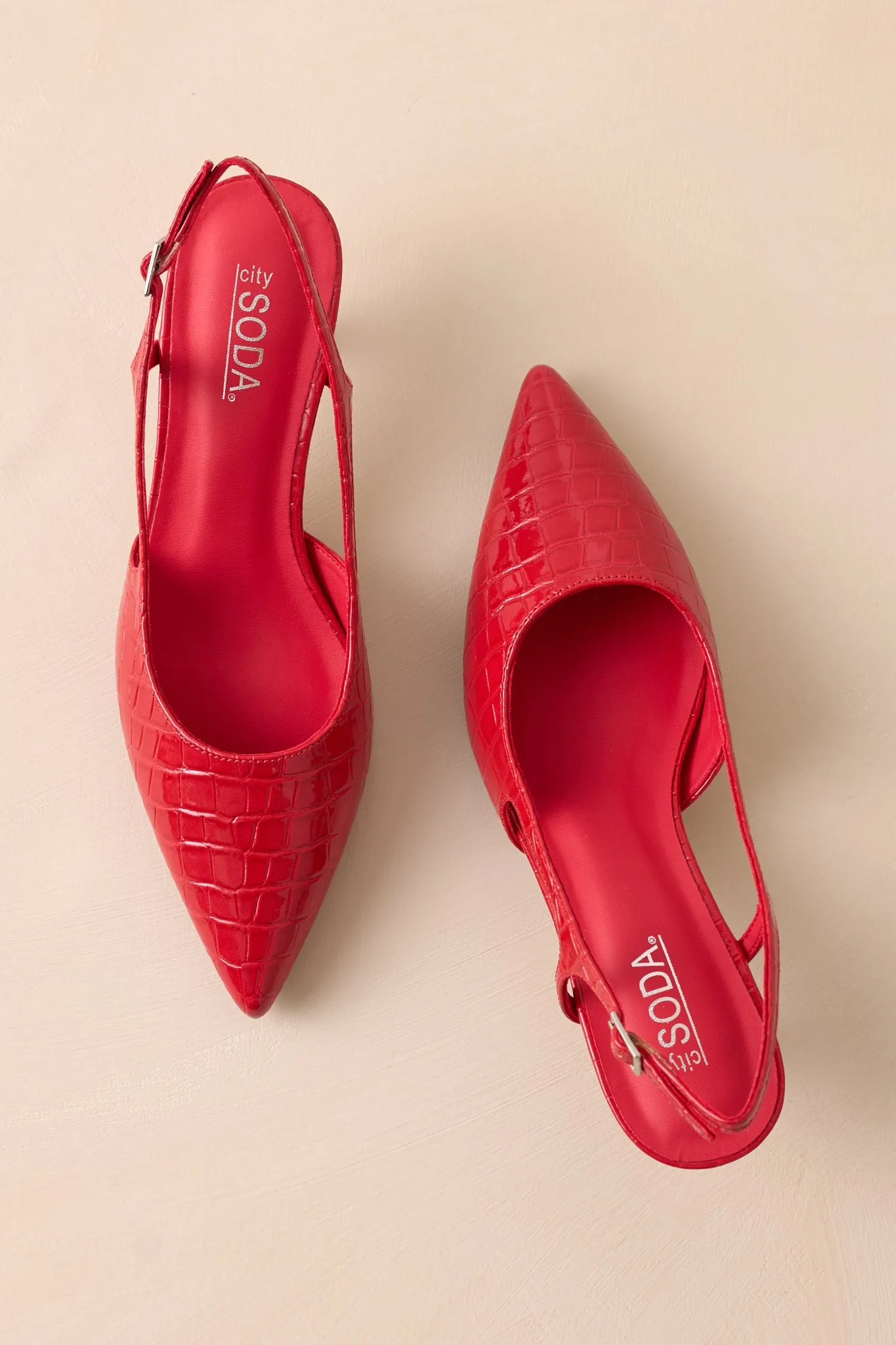 Fiercely Stunned Scarlet Red Crocodile Slingback Kitten Heels