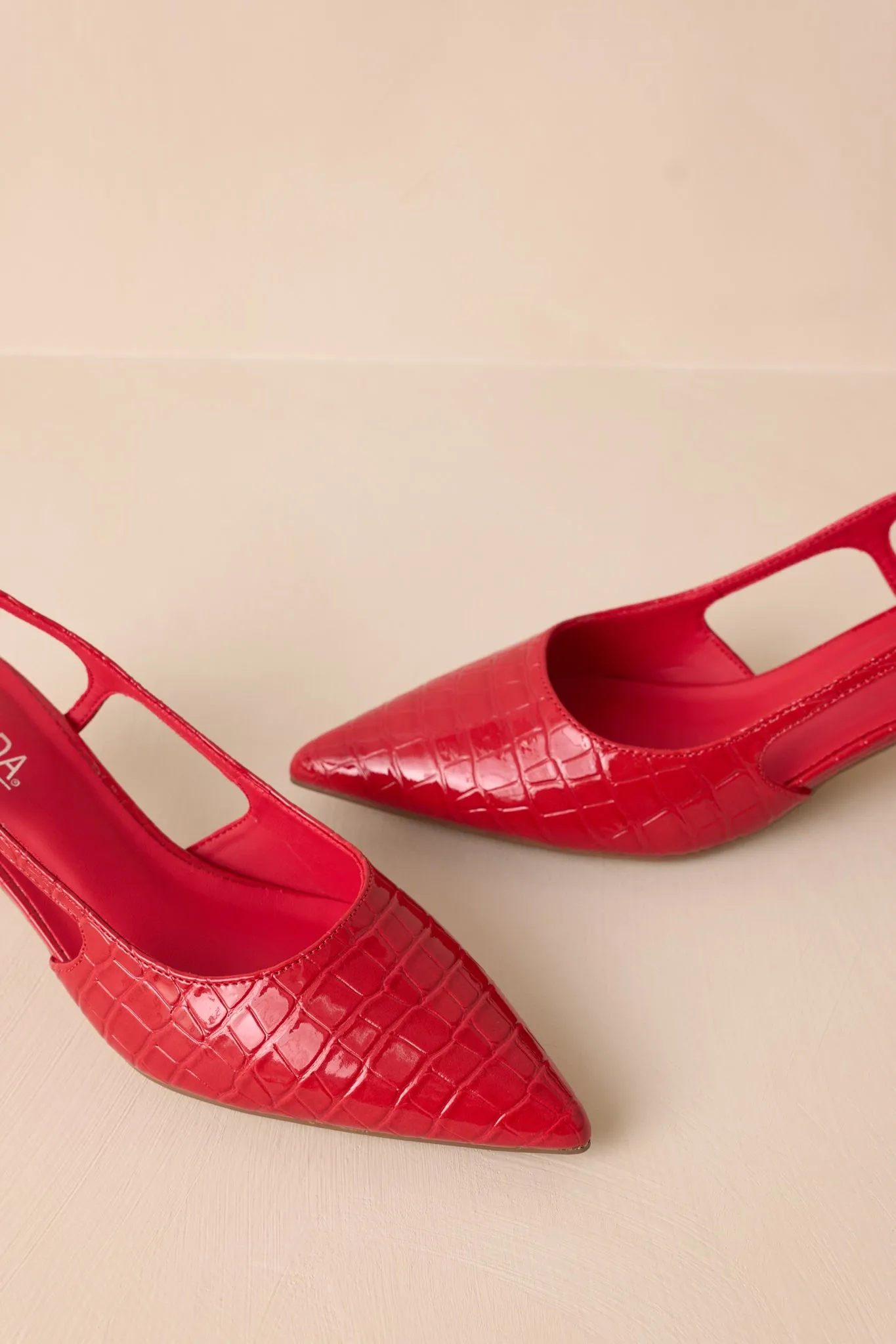 Fiercely Stunned Scarlet Red Crocodile Slingback Kitten Heels