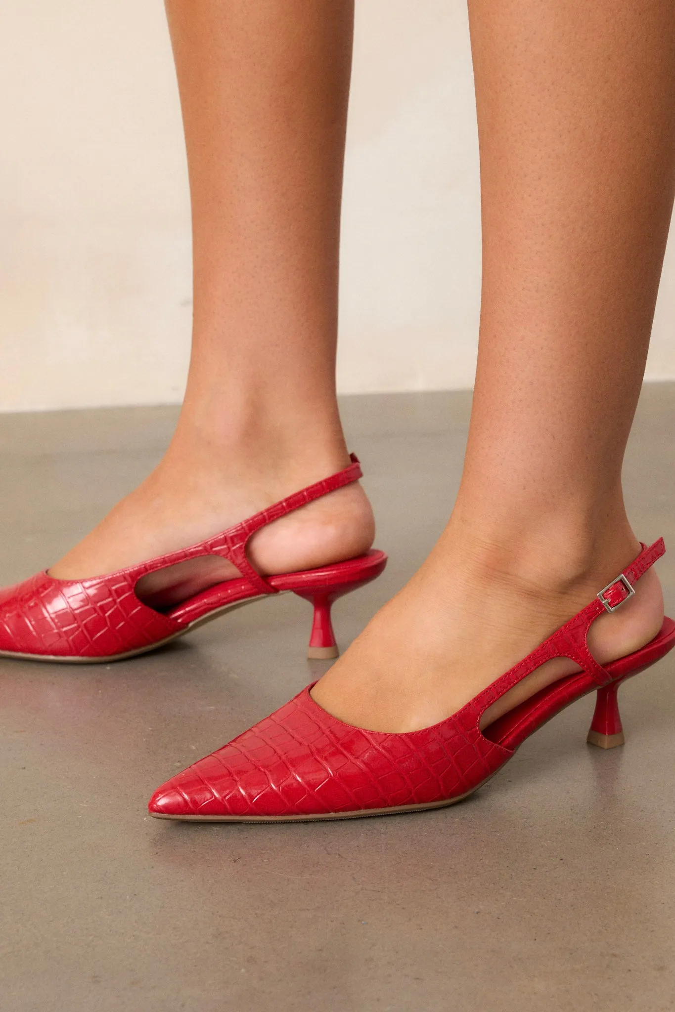 Fiercely Stunned Scarlet Red Crocodile Slingback Kitten Heels