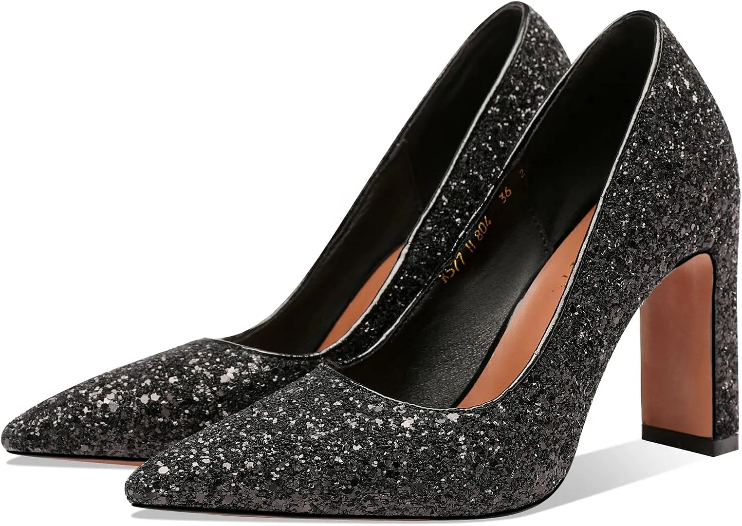 FIFSY Women Sparkly High Heels Sequin Glitter Block Heel Pointed Toe Pumps