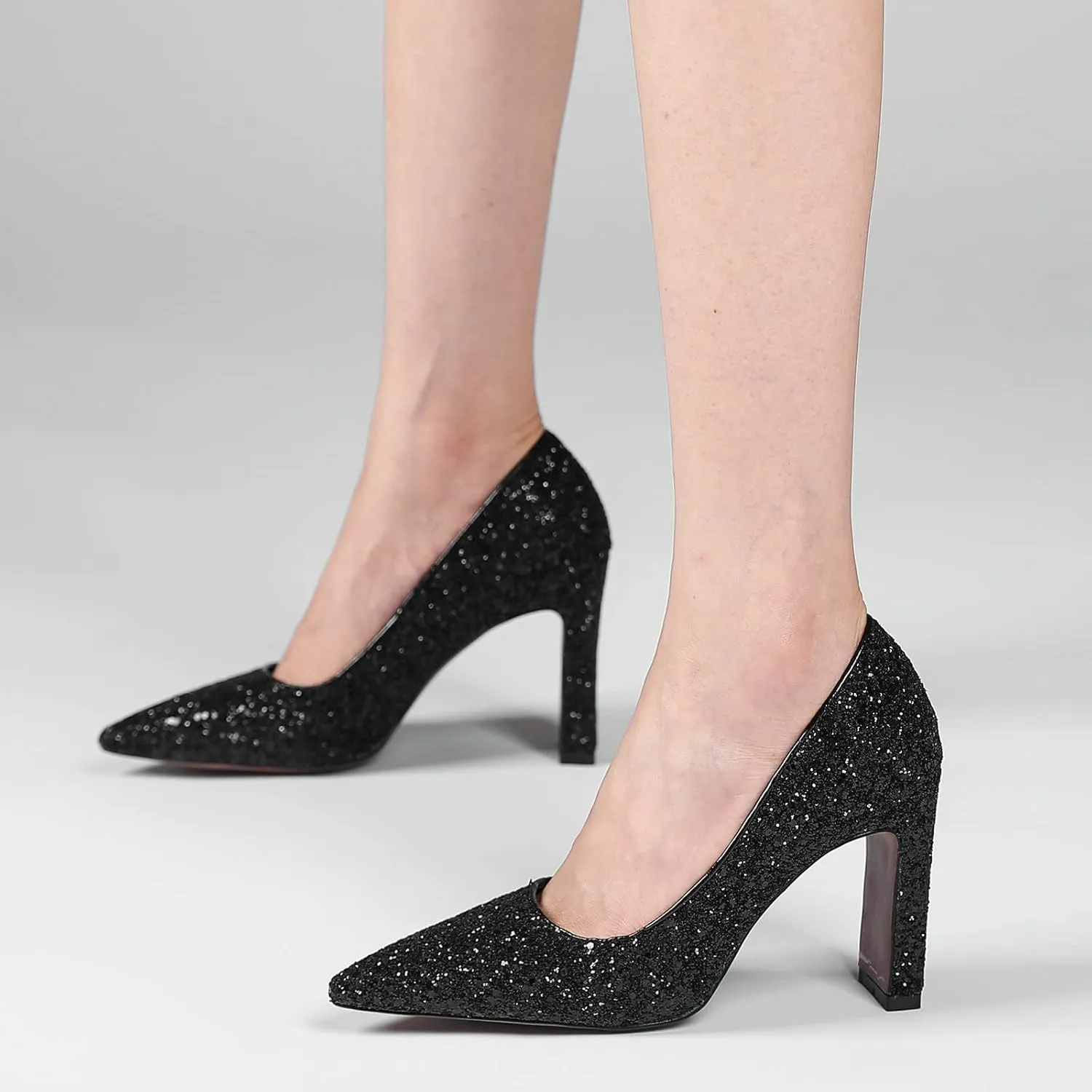 FIFSY Women Sparkly High Heels Sequin Glitter Block Heel Pointed Toe Pumps