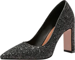 FIFSY Women Sparkly High Heels Sequin Glitter Block Heel Pointed Toe Pumps