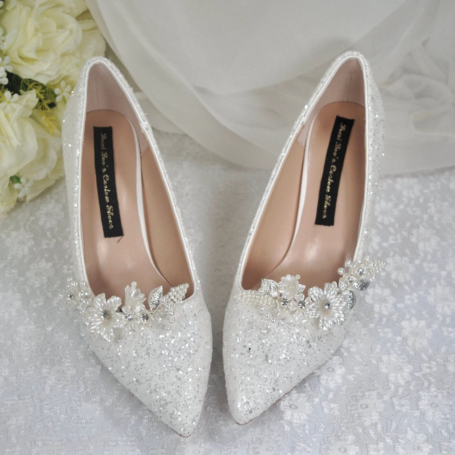 Floral Glitter Wedding Shoes | 7cm or 9.5cm Heel