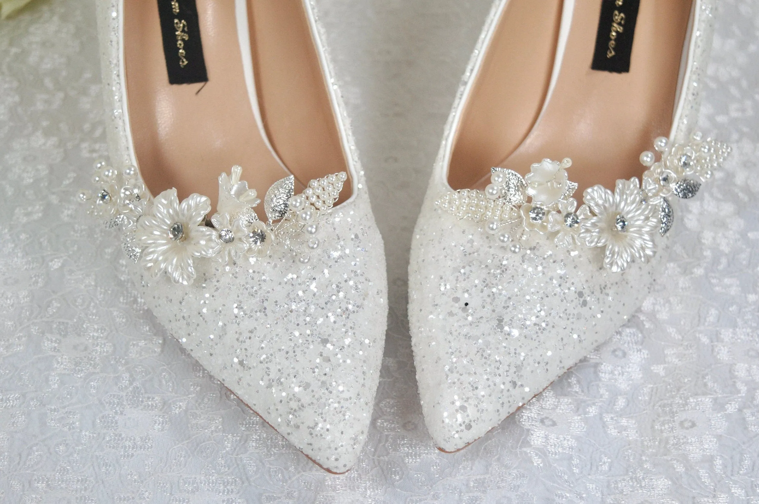 Floral Glitter Wedding Shoes | 7cm or 9.5cm Heel