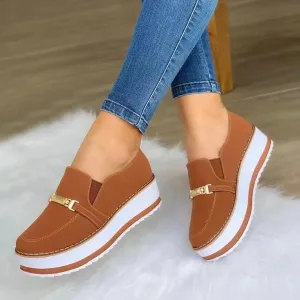 Fululuer Women's Leather Platform Slip On Loafers Comfort Moccasins Low Top Casual Shoes Slip On Platform Chunky Penny Heeled Loafers for Women Dressy and Work Womens Casual Shoes