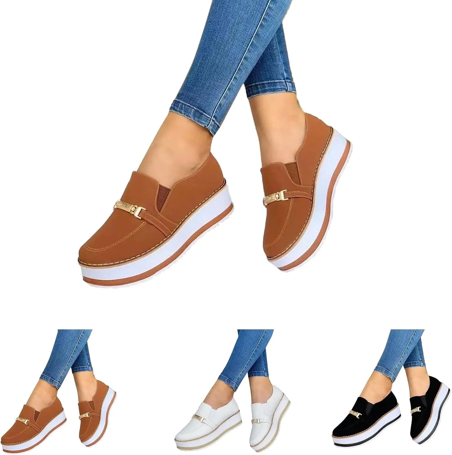 Fululuer Women's Leather Platform Slip On Loafers Comfort Moccasins Low Top Casual Shoes Slip On Platform Chunky Penny Heeled Loafers for Women Dressy and Work Womens Casual Shoes