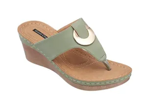 GC Shoes Womens Memory Foam Wedge Sandals, Open Toe Mid Heel Platform, Comfy Vegan Leather Disc Strap Thong, Genelle/Green/9